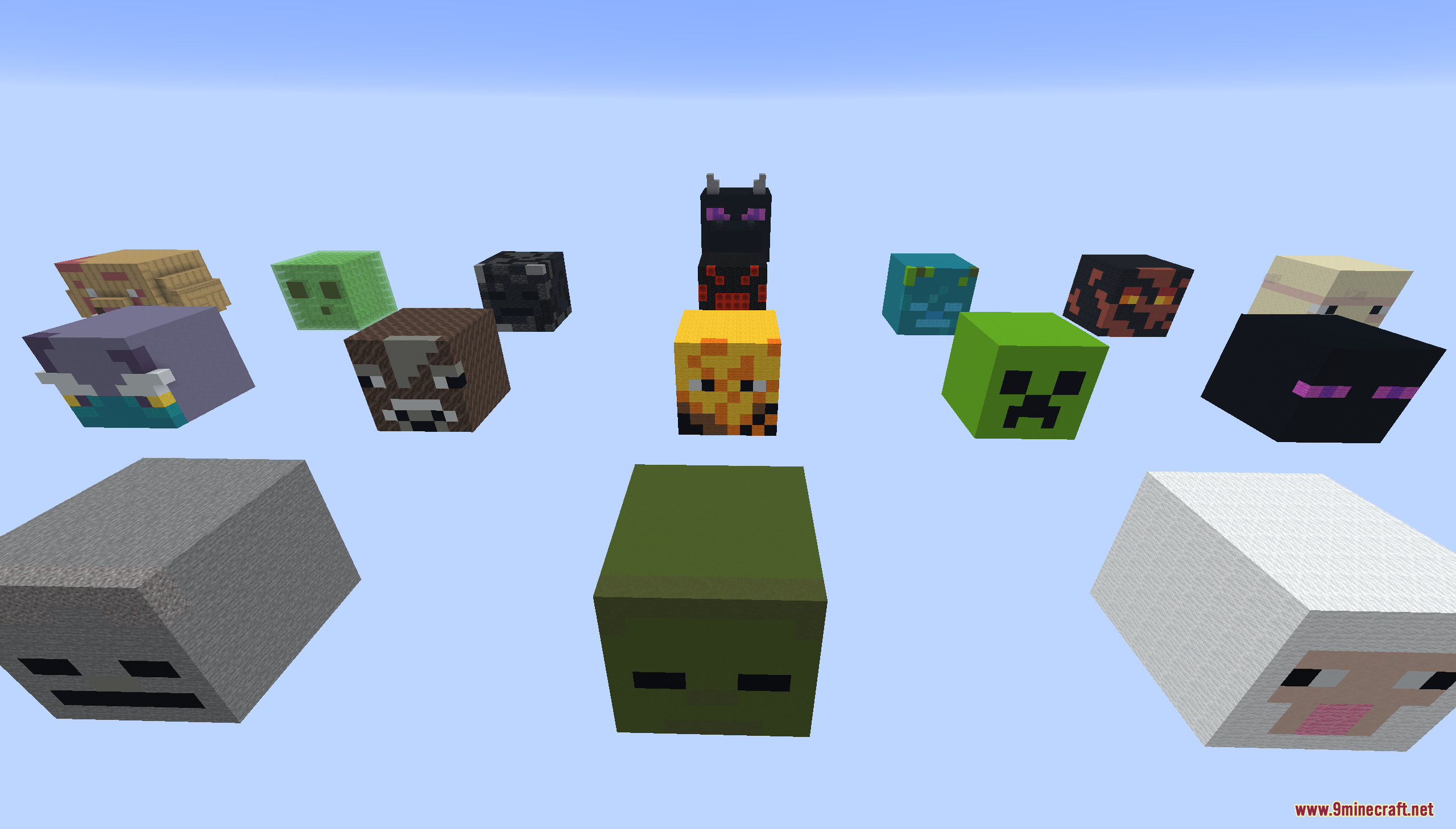 Various giant mob heads floating in the Skyblock on Mob Heads Map