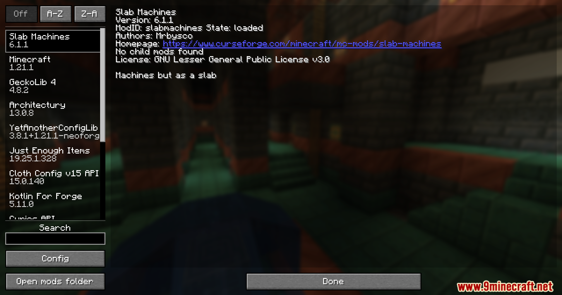 A mod menu interface displaying details for the Slab Machines mod version