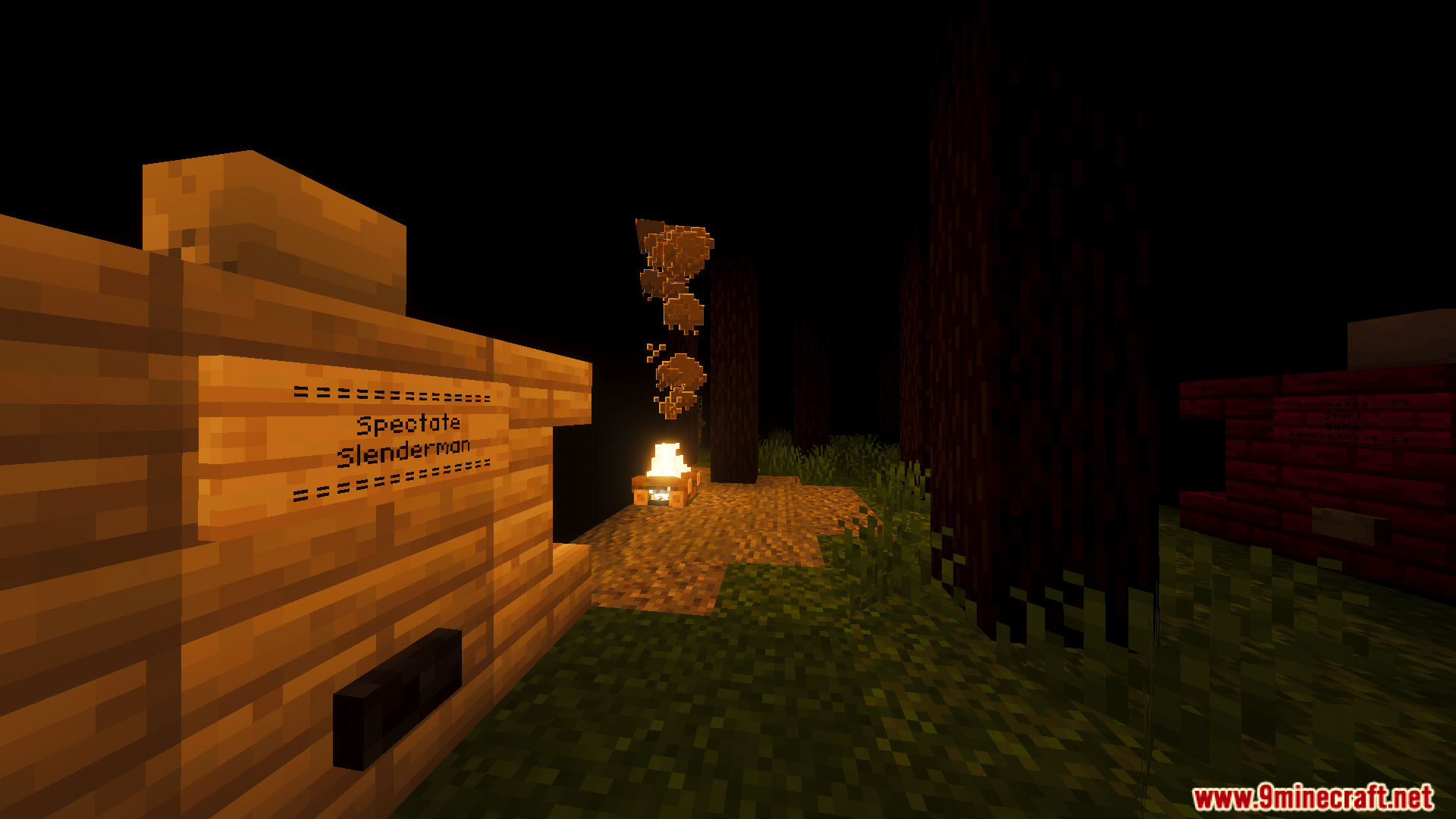 A wooden sign with a button to spectate Slenderman in a dark forest