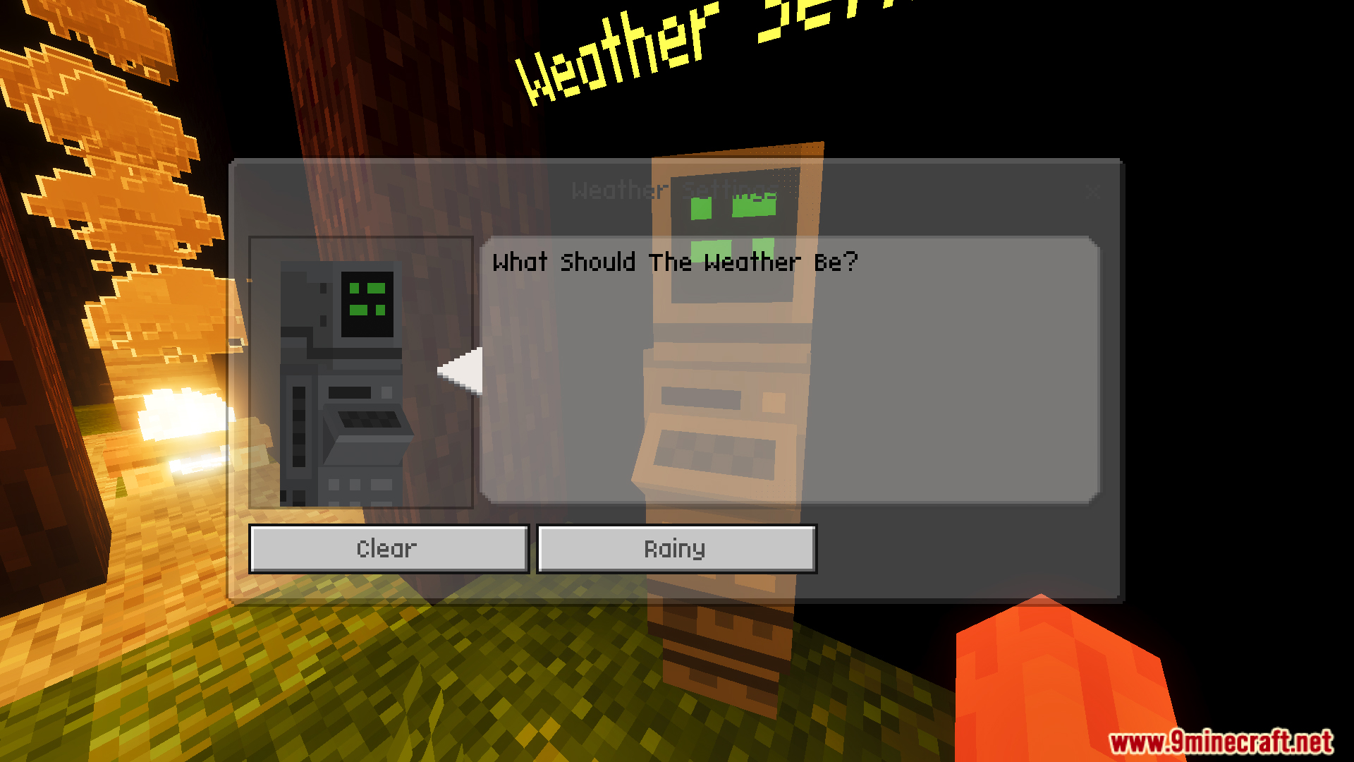 Menu screen with options to change the weather to clear or rainy