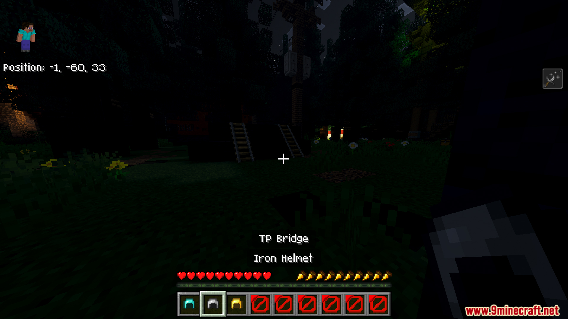 Player exploring a dark forest in the Slenderman Online Map for Minecraft
