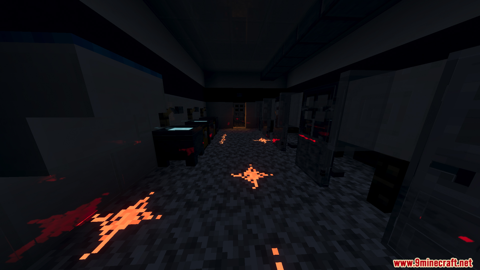 Dark facility interior with glowing red symbols and blood stains on the floor