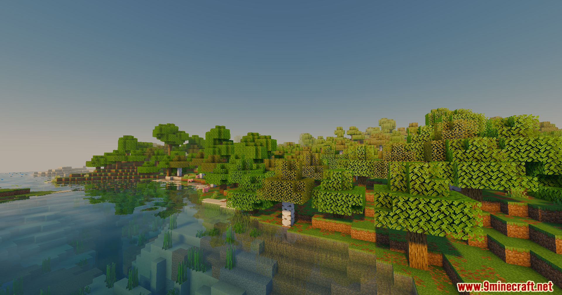 Slight Shaders Screenshot 1 A peaceful forest landscape featuring realistic water reflections and gentle waves