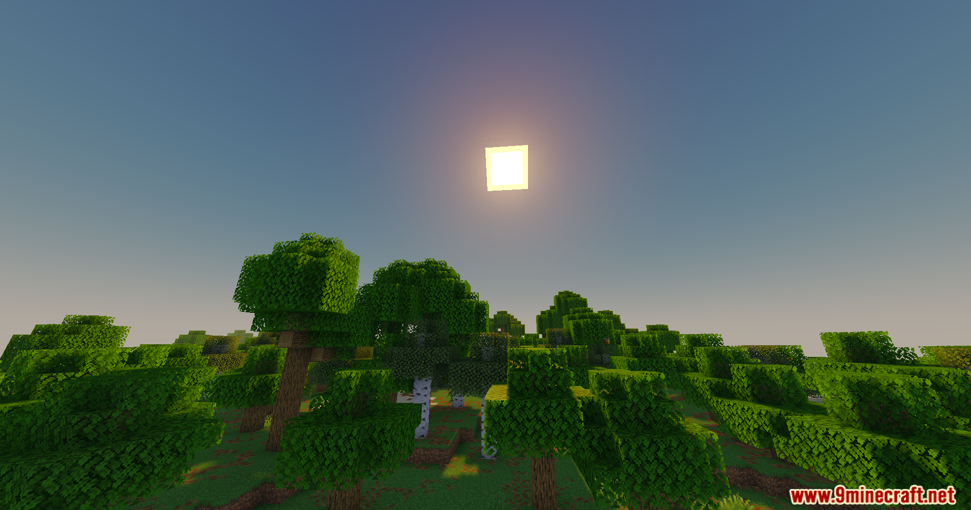 Slight Shaders Screenshot 2 The square sun shines brightly over a dense green forest canopy