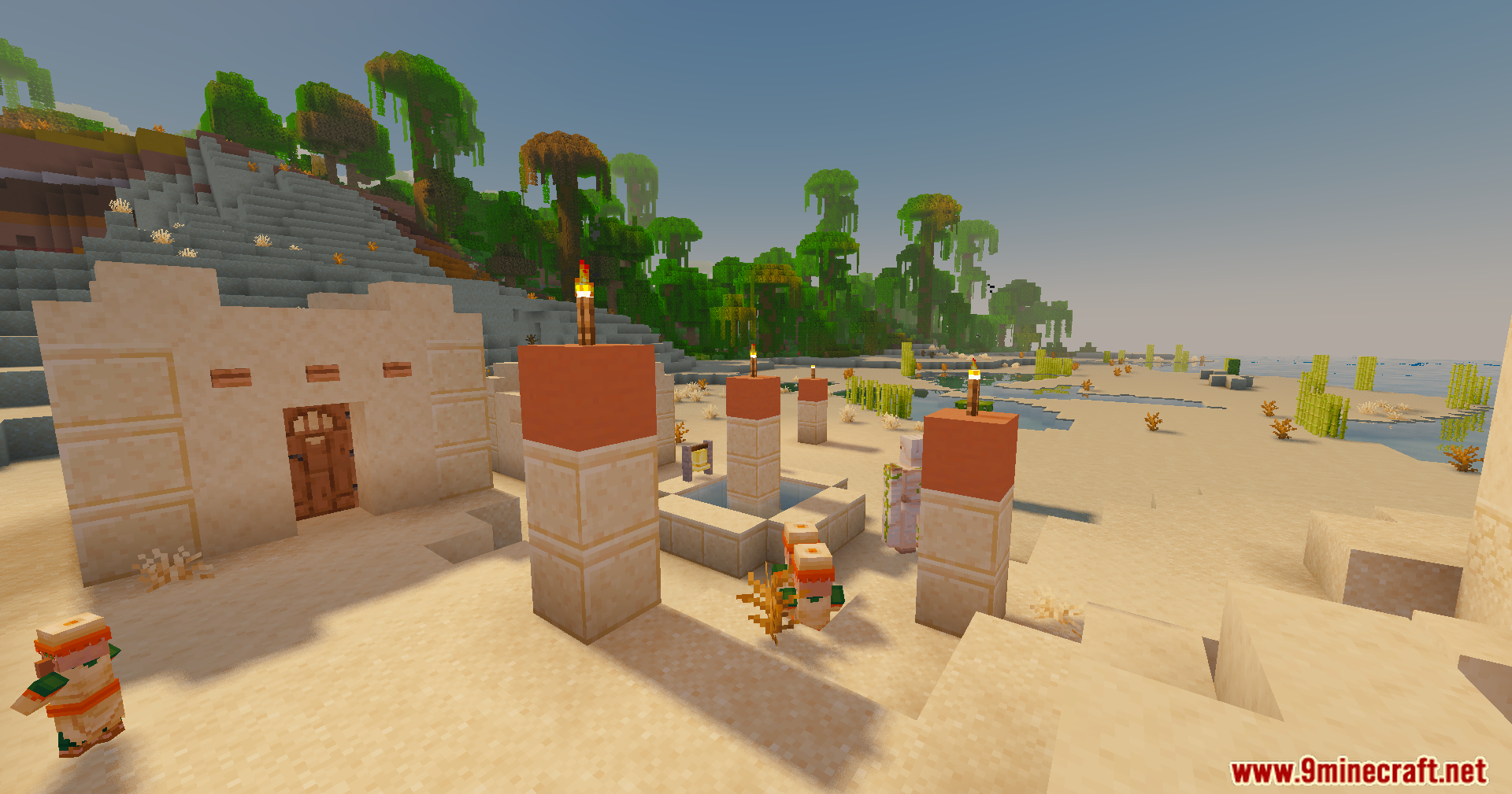 Slight Shaders Screenshot 6 Villagers and an iron golem standing near a desert village well