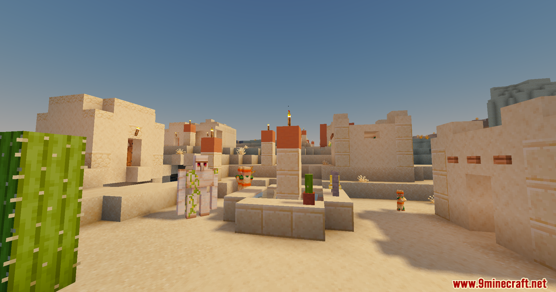 Slight Shaders Screenshot 7 An Iron Golem stands near a well in a sunny desert village square