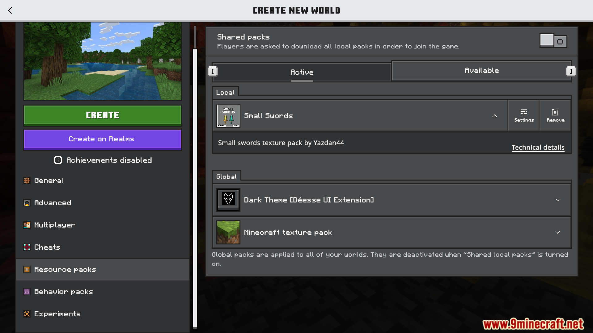 Small Swords Texture Pack Screenshot 1 Minecraft world creation menu with the Small Swords Texture Pack enabled