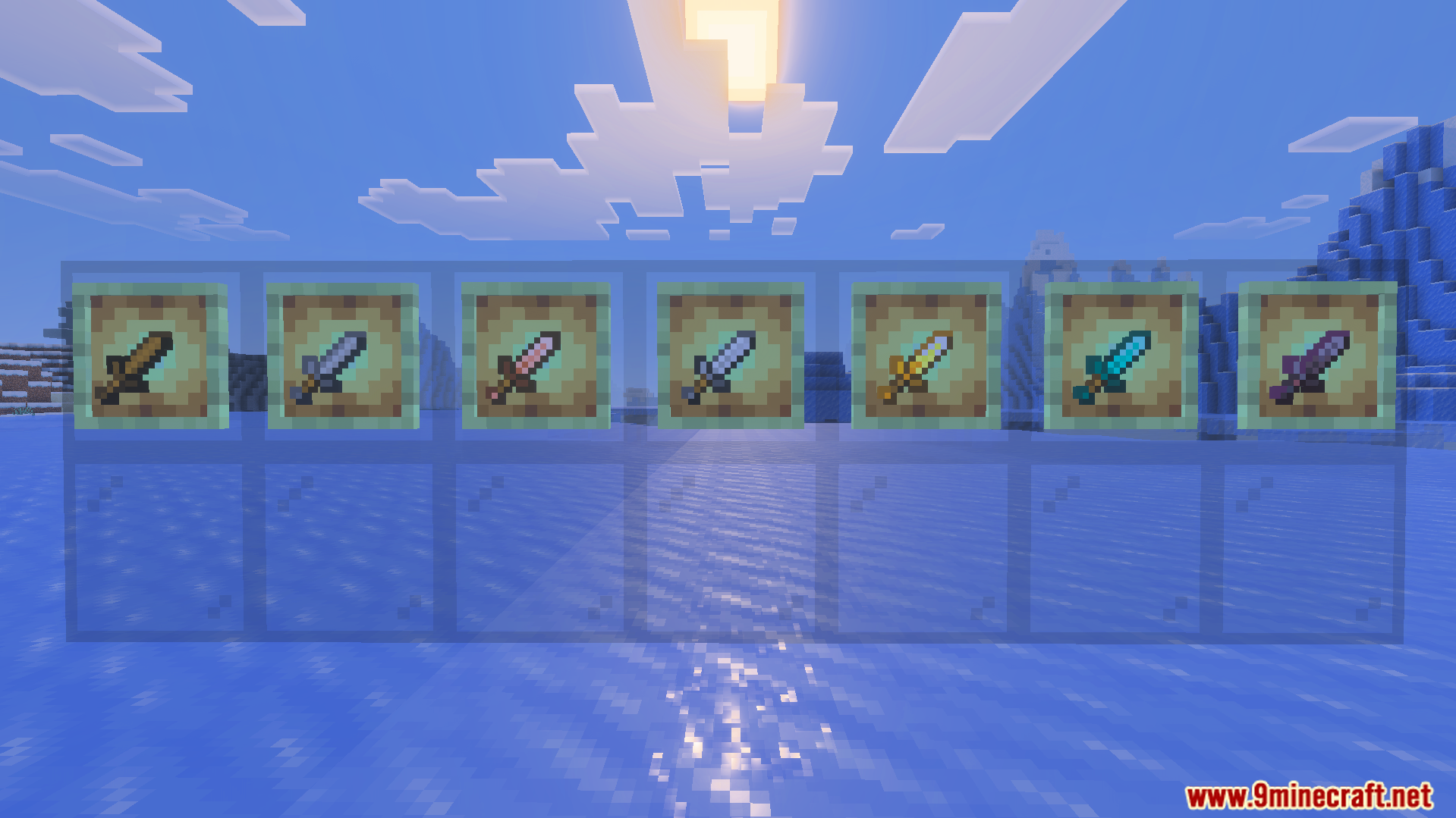Small Swords Texture Pack Screenshot 2 Various shortened sword models displayed in item frames against a snowy background
