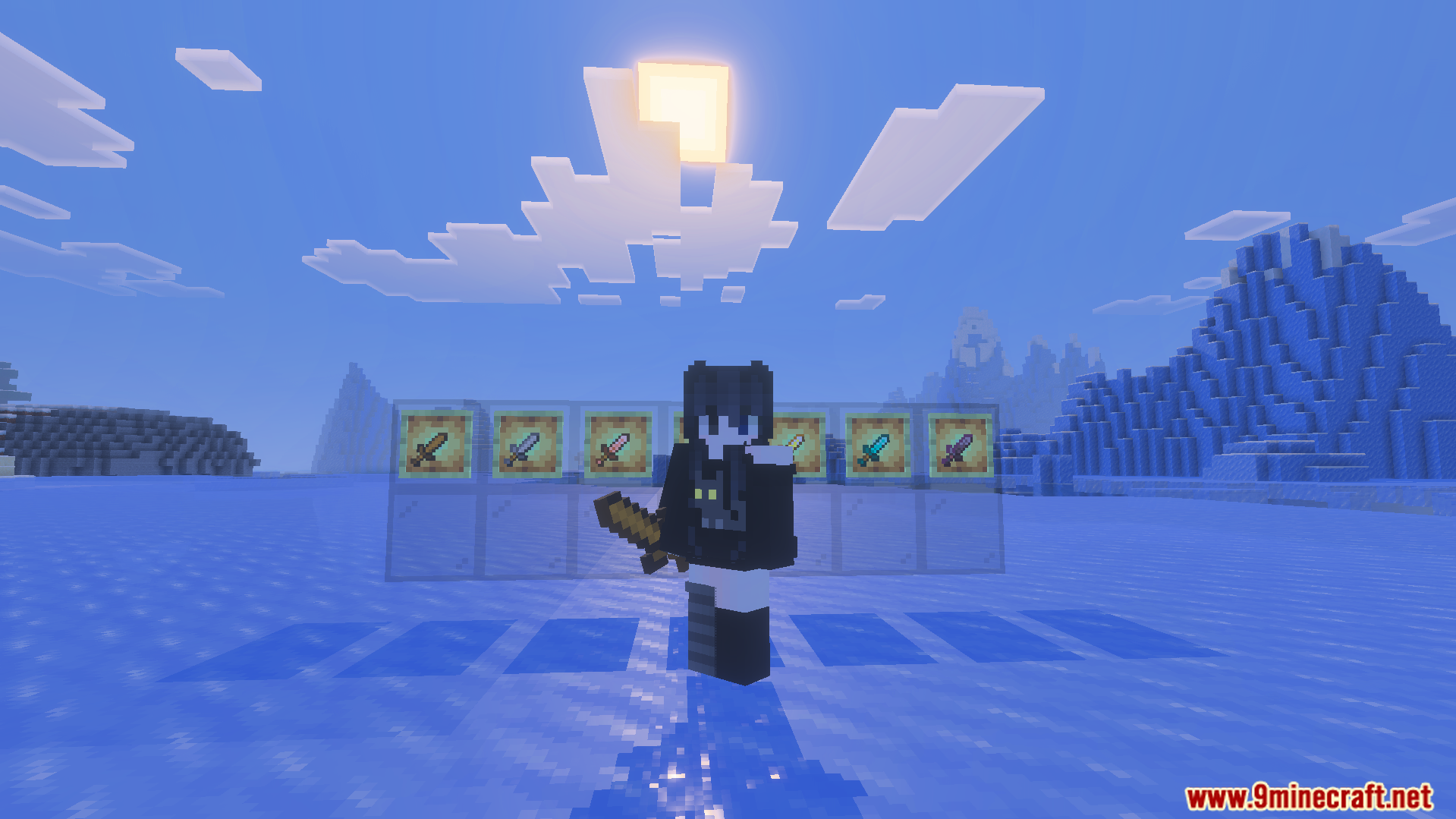 Small Swords Texture Pack Screenshot 3 Character holding a small wooden sword with various short swords in item frames