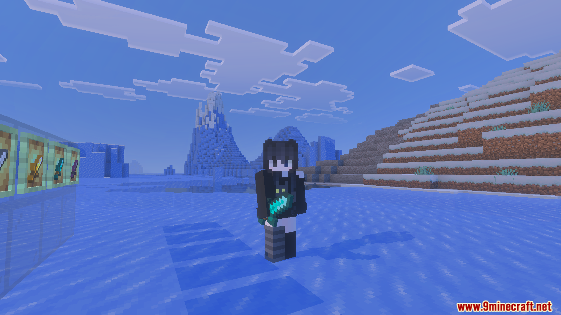 Small Swords Texture Pack Screenshot 4 Player character holding a short diamond sword while standing on a frozen lake