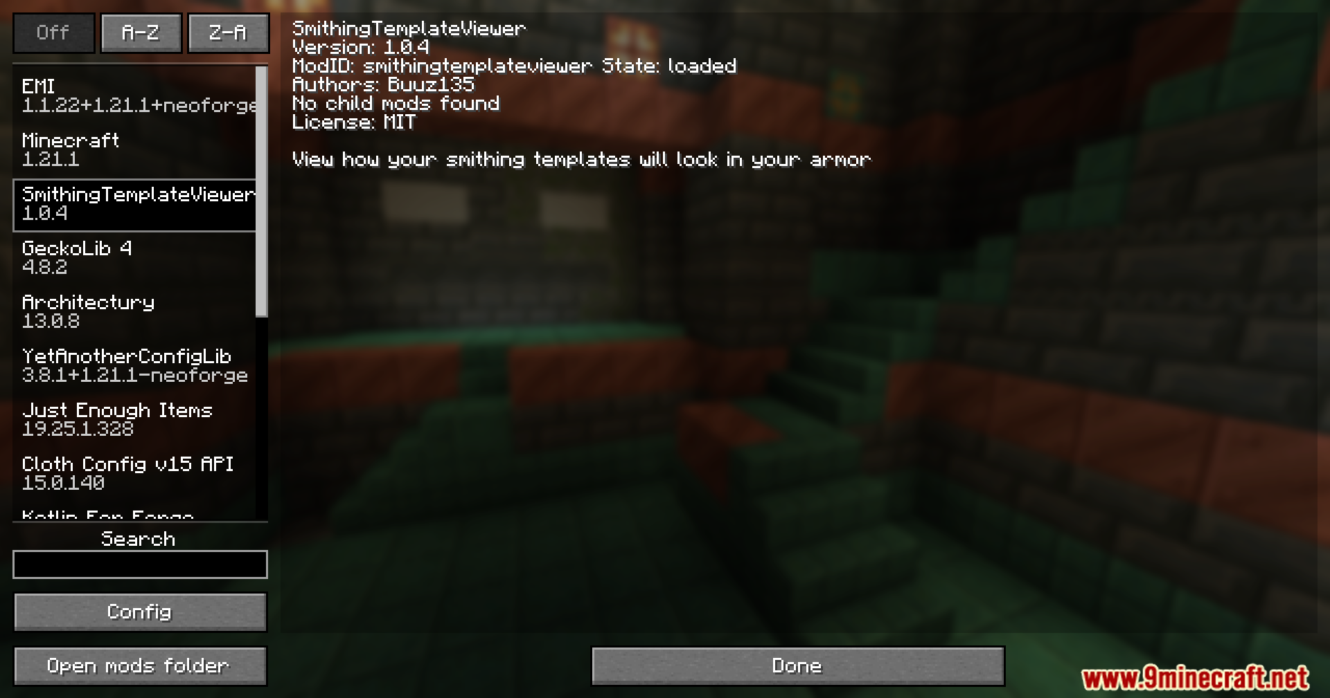 Smithing Template Viewer for JEI/EMI Mod Screenshot 1 The Minecraft mod list screen showing details for the Smithing Template Viewer