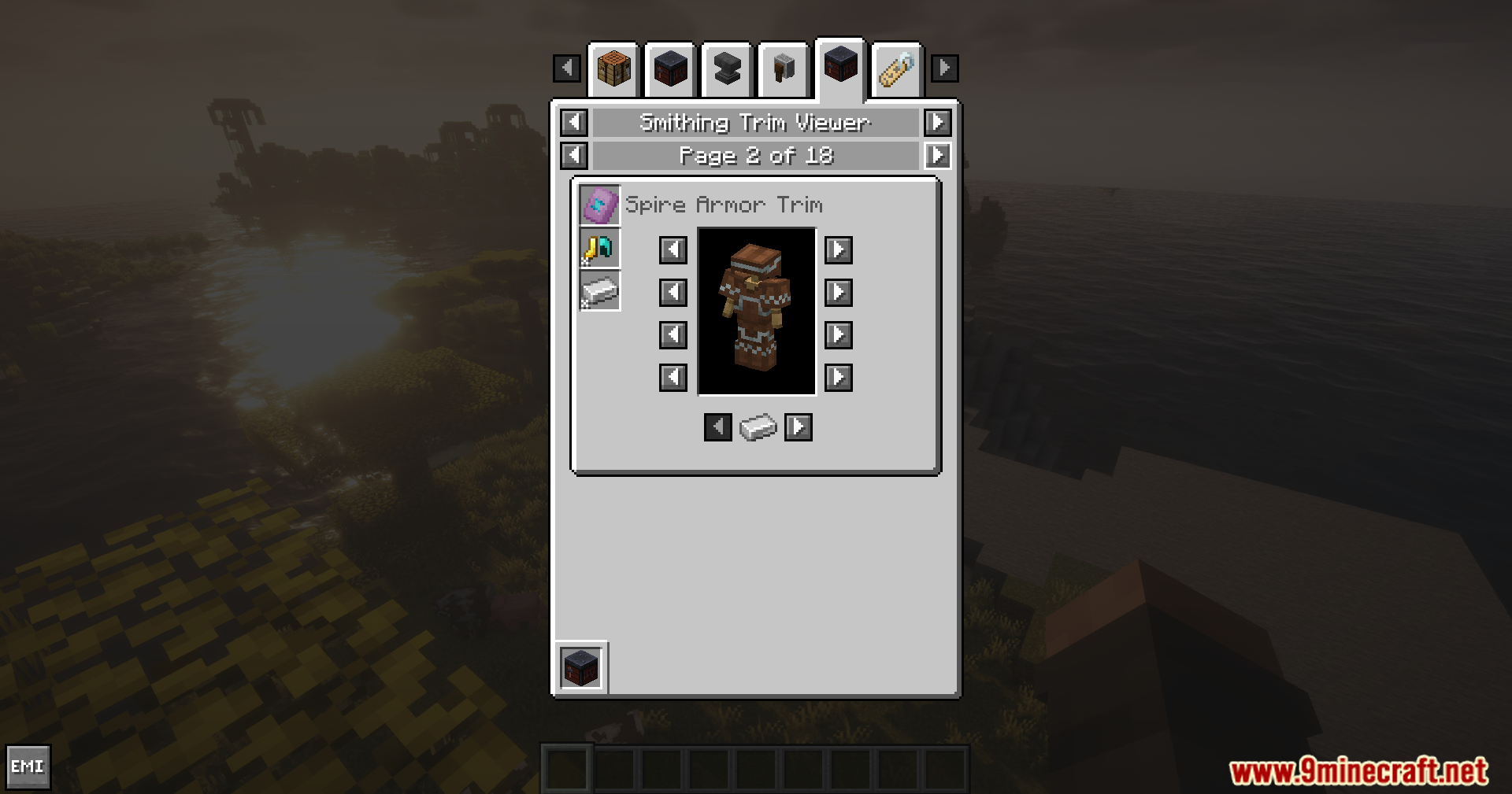 Smithing Template Viewer for JEI/EMI Mod Screenshot 3 Interface showing a preview of the Spire Armor Trim on leather armor