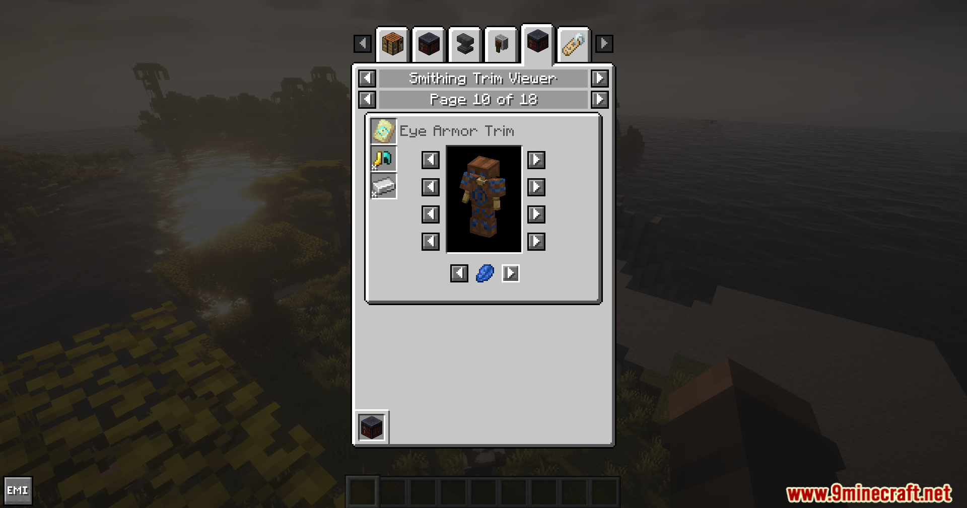 Smithing Template Viewer for JEI/EMI Mod Screenshot 9 Smithing Trim Viewer UI showing blue Eye Armor Trim on leather gear