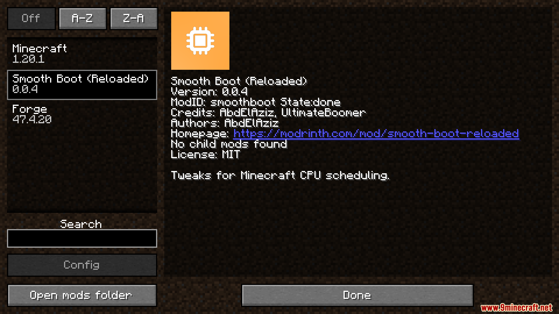 Smooth Boot Reloaded Mod Screenshot 1 Minecraft mod menu showing details for the Smooth Boot Reloaded optimization mod