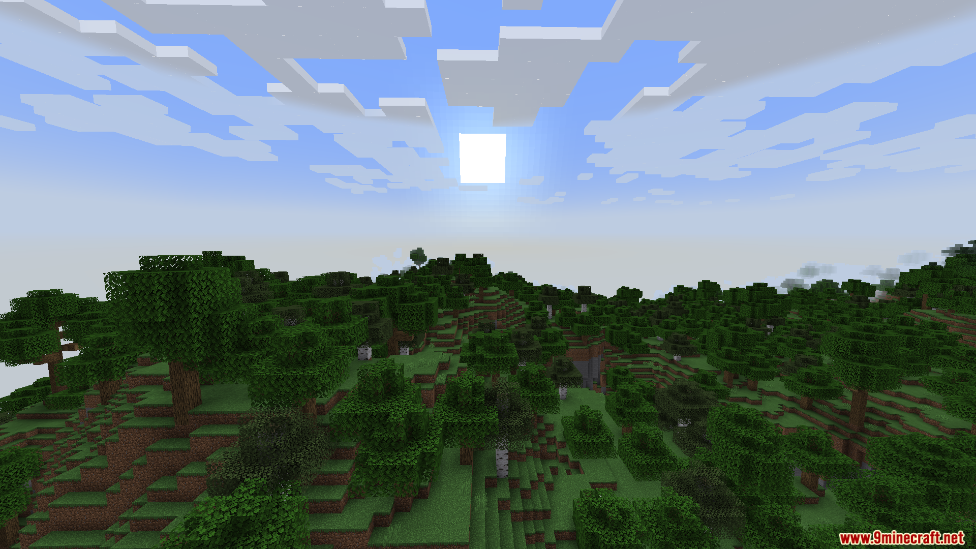 Smooth Boot Reloaded Mod Screenshot 5 A vast green forest landscape under a bright sun in Minecraft