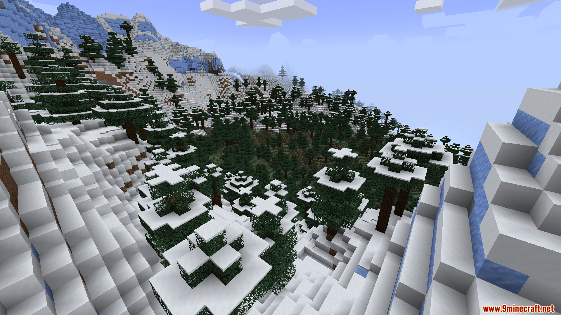 Smooth Boot Reloaded Mod Screenshot 6 Snowy mountain peaks and spruce trees covered in thick white snow