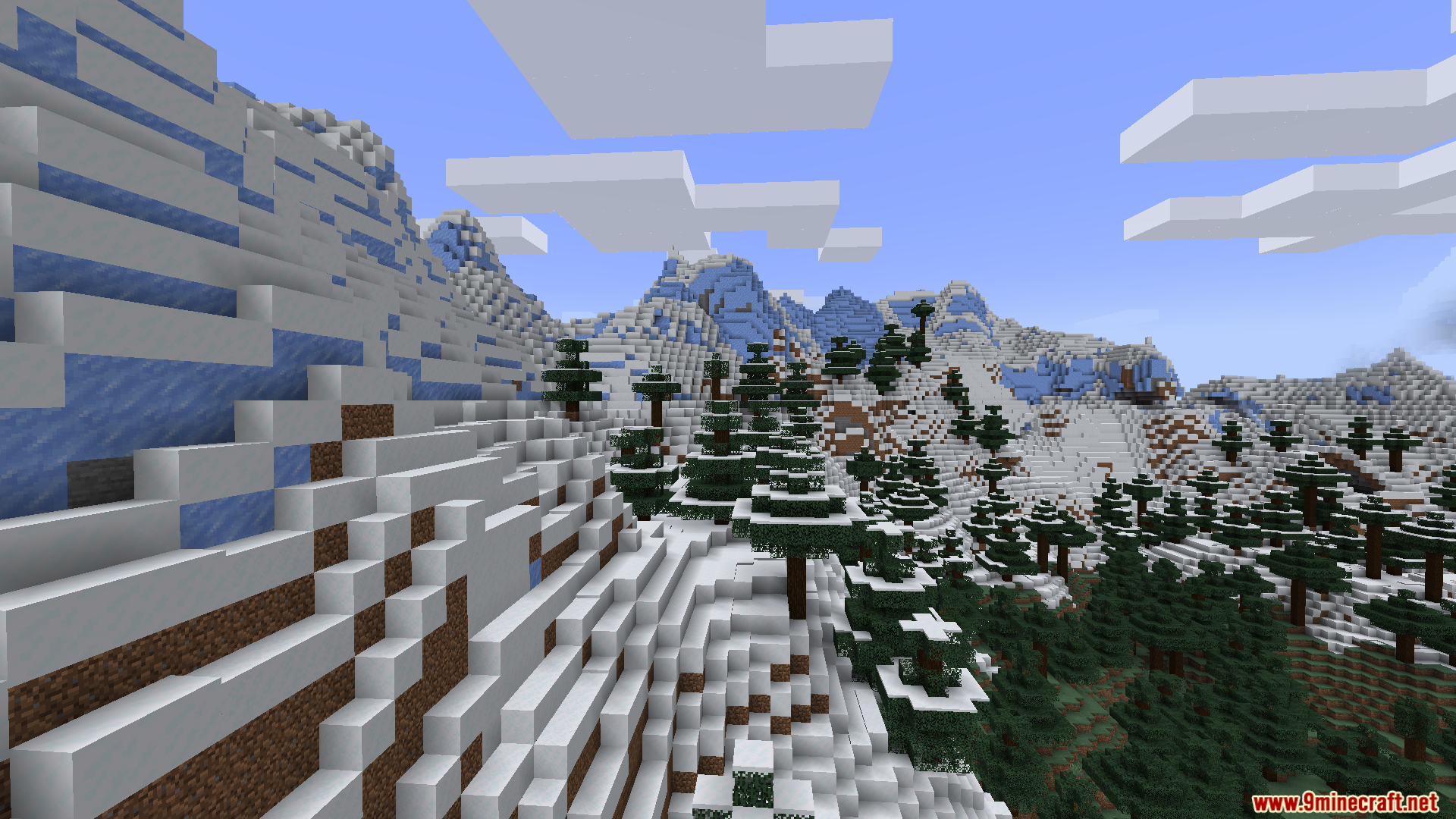 Smooth Boot Reloaded Mod Screenshot 7 Blocky snowy mountains and spruce trees under a clear blue sky
