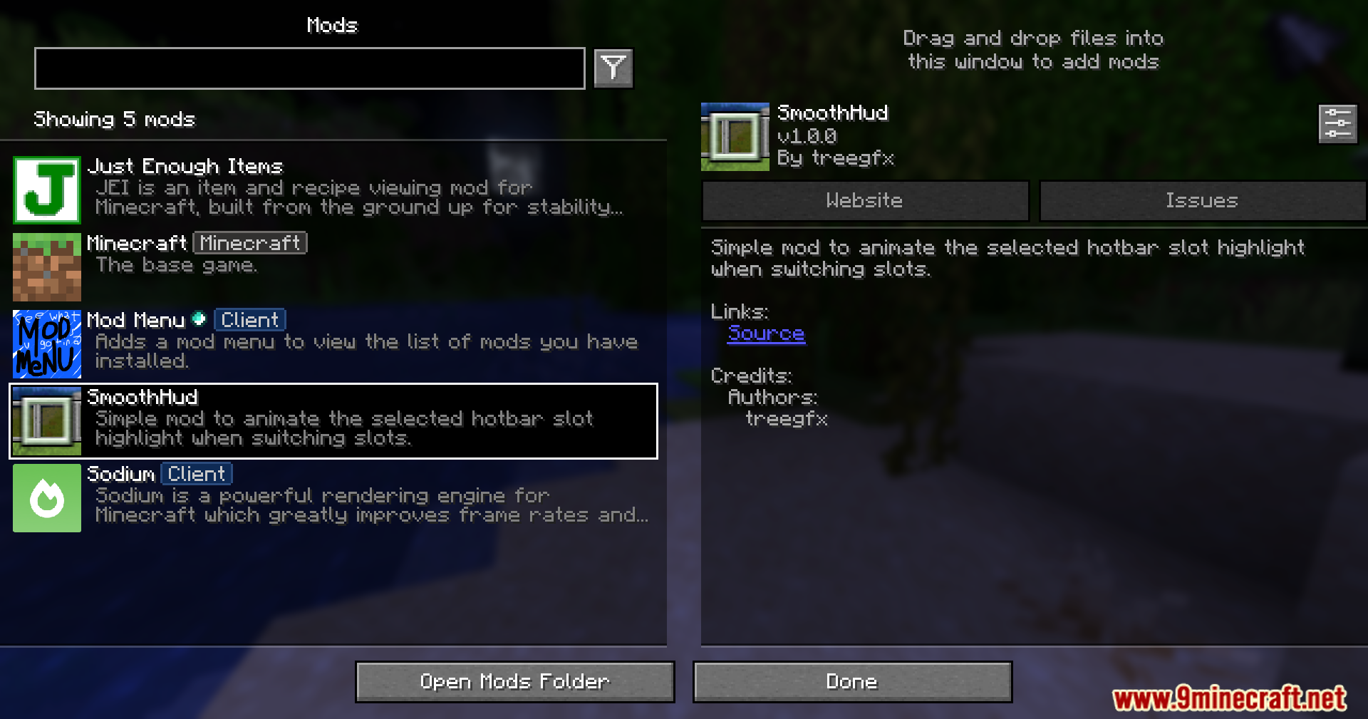 A Minecraft mod menu screen showing SmoothHud and other installed mods