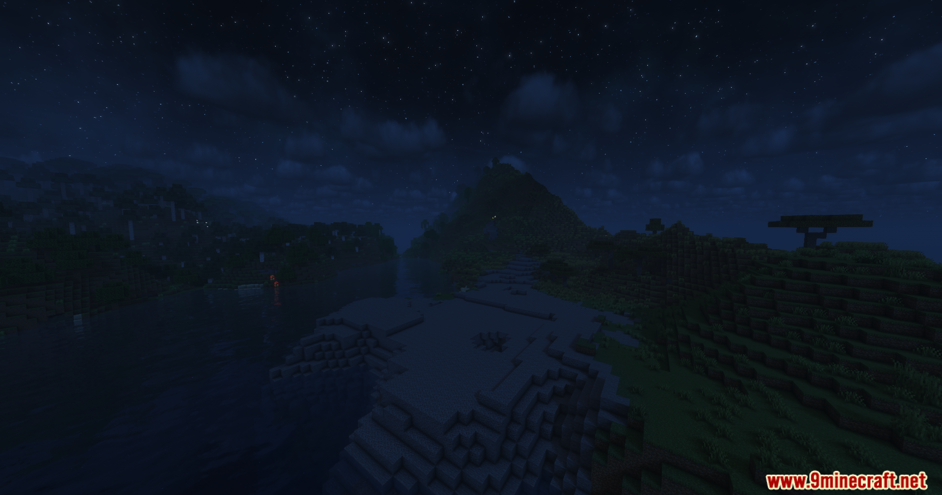 Solar Shaders Screenshot 11 Soft moonlight reflects off a river surrounded by dark mountains and trees