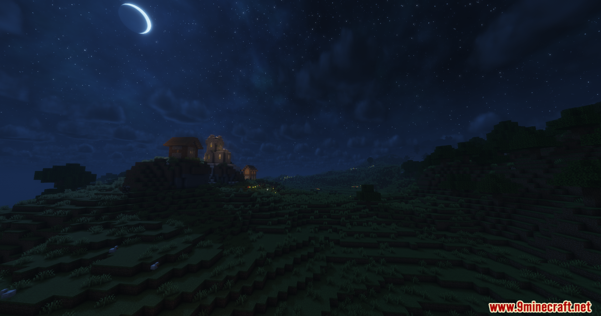 Solar Shaders Screenshot 12 A glowing crescent moon shines over a village on a grassy hill