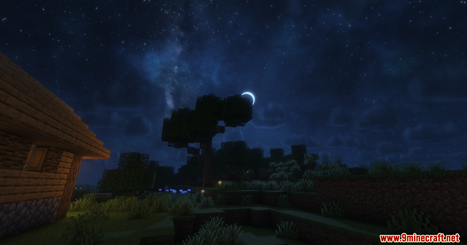 Solar Shaders Screenshot 6 A peaceful night scene featuring a crescent moon and a starry sky