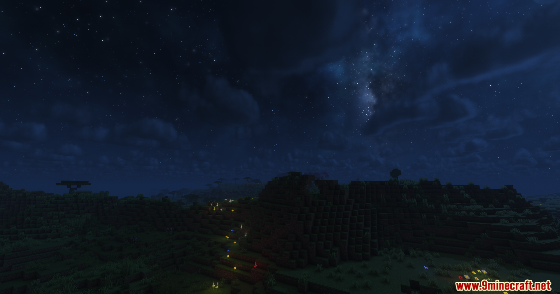 Solar Shaders Screenshot 9 A starry night sky with a galaxy over a dark Minecraft landscape