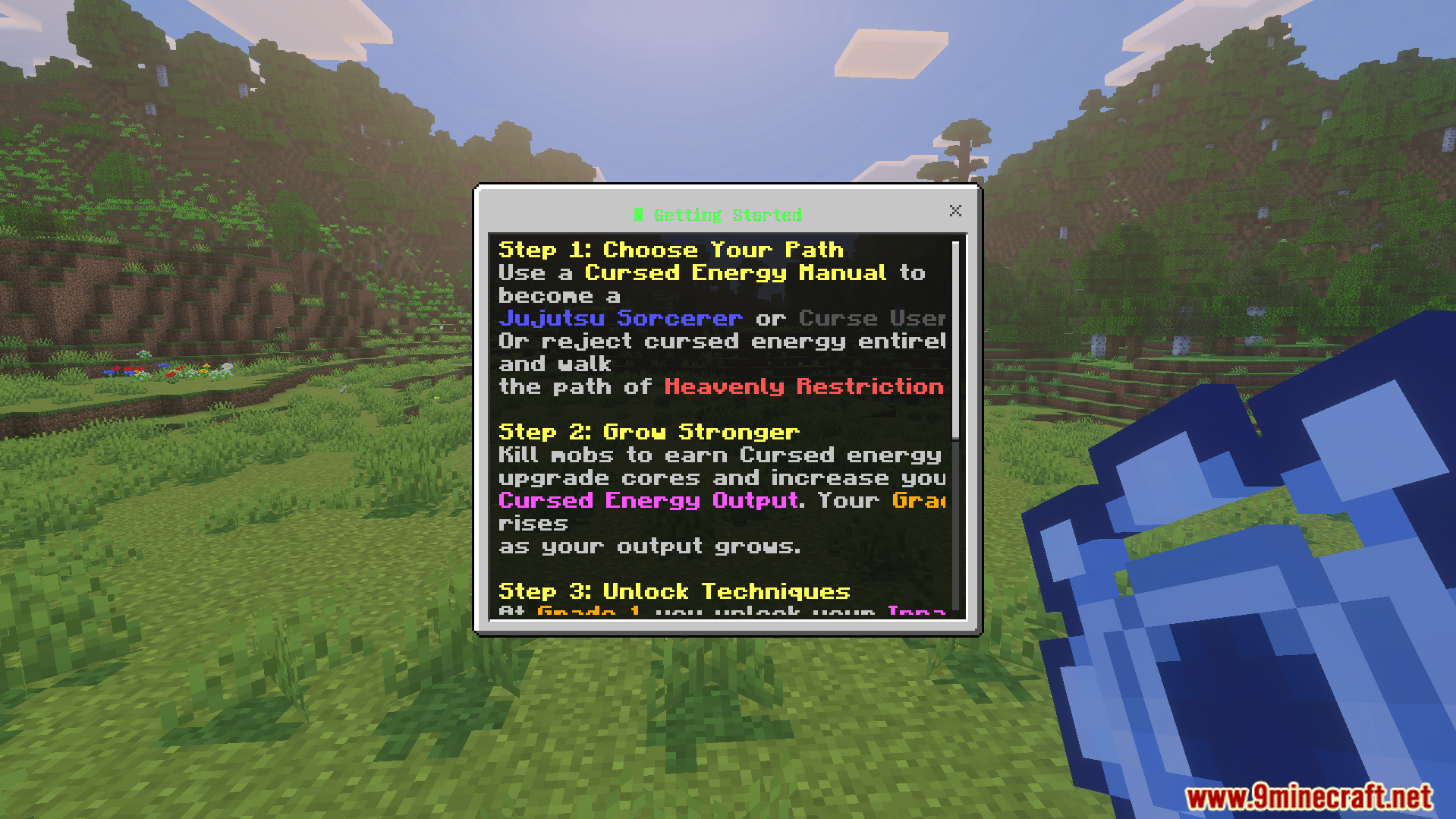 Sorcerers Beyond Addon Screenshot 4 Tutorial menu detailing steps to choose a path and unlock cursed energy techniques