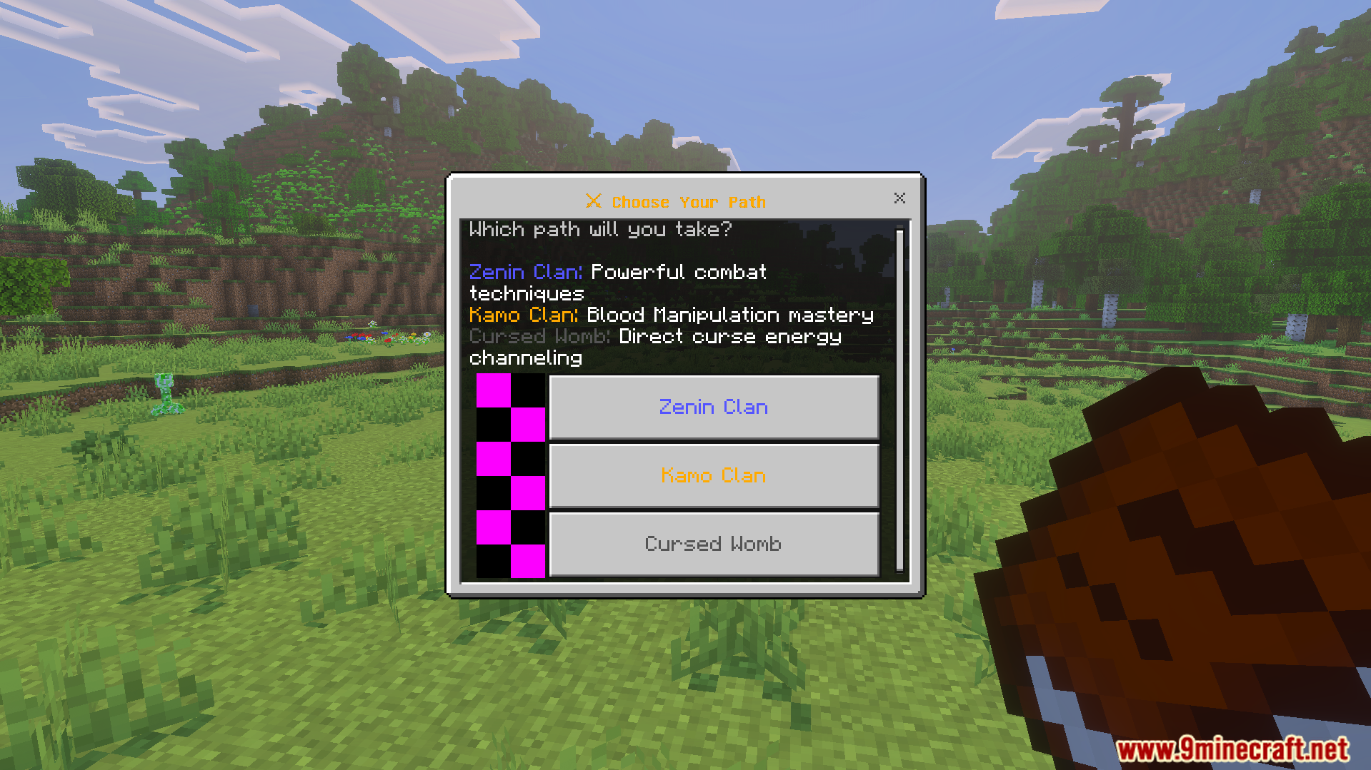 Sorcerers Beyond Addon Screenshot 5 A menu screen showing options for Zenin Kamo and Cursed Womb paths