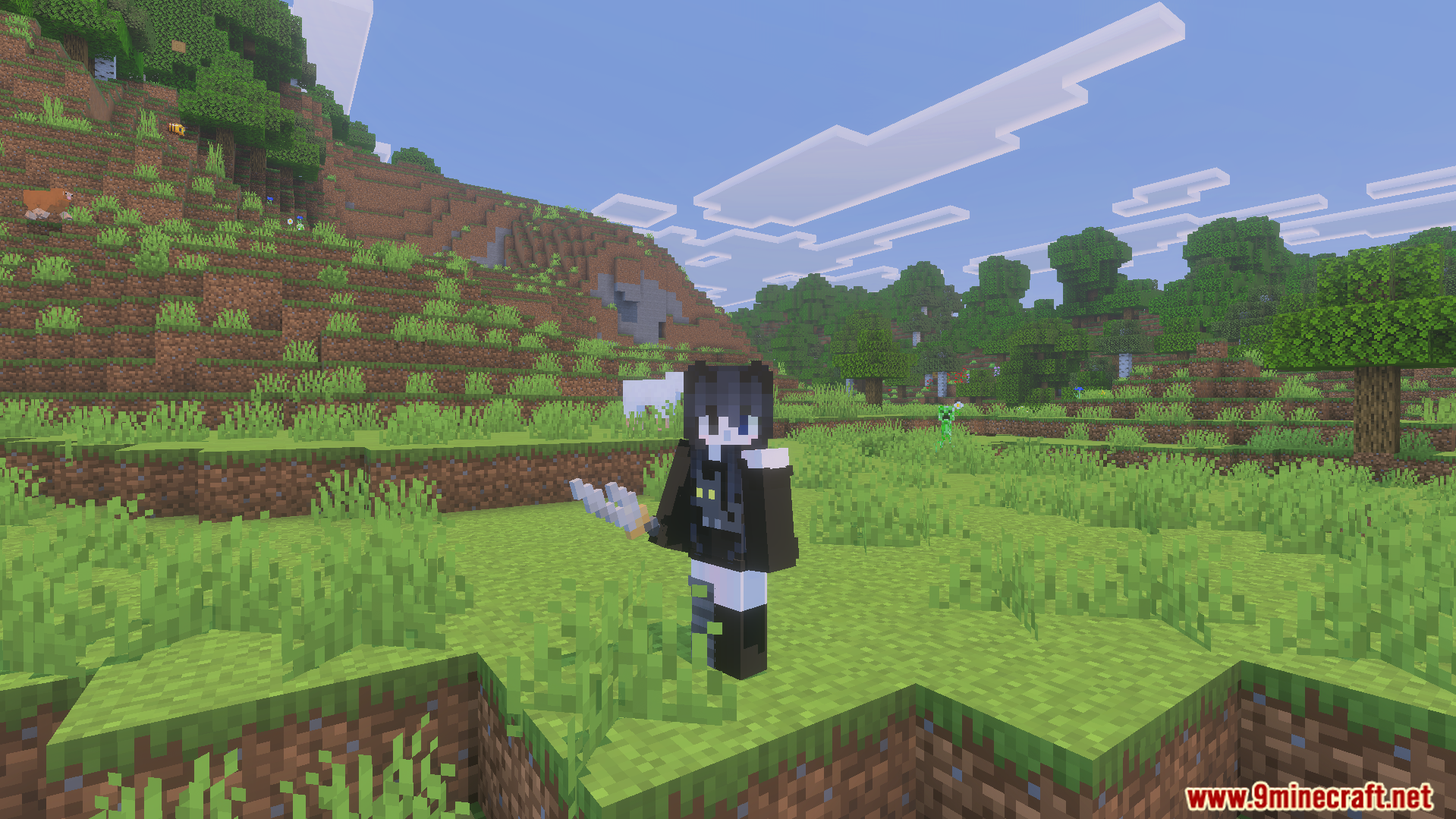 Sorcerers Beyond Addon Screenshot 8 Player character holding a cursed weapon in a green field biome