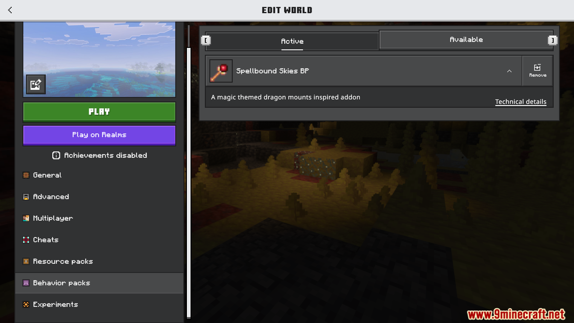 Edit world settings screen displaying the active behavior pack for magic dragons