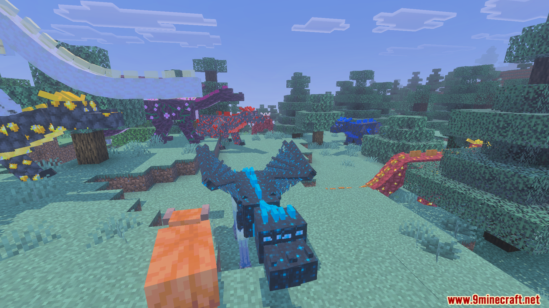 A group of colorful wild dragons gathered together in a grassy forest clearing