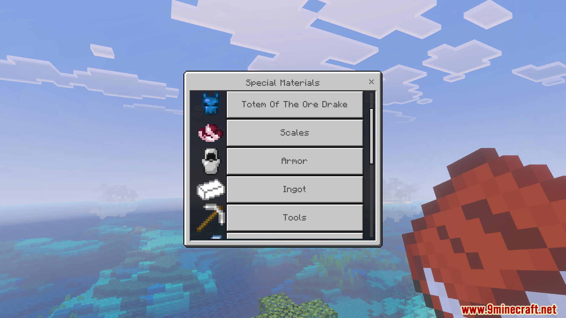 Special Materials menu in Spellbound Skies Addon listing dragon scales and totems