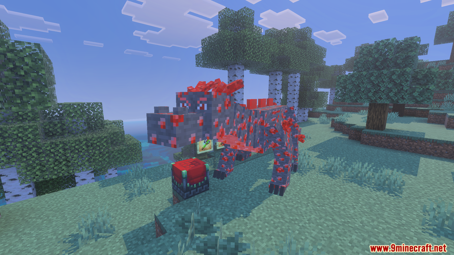 A large redstone dragon standing in a birch forest near a red block