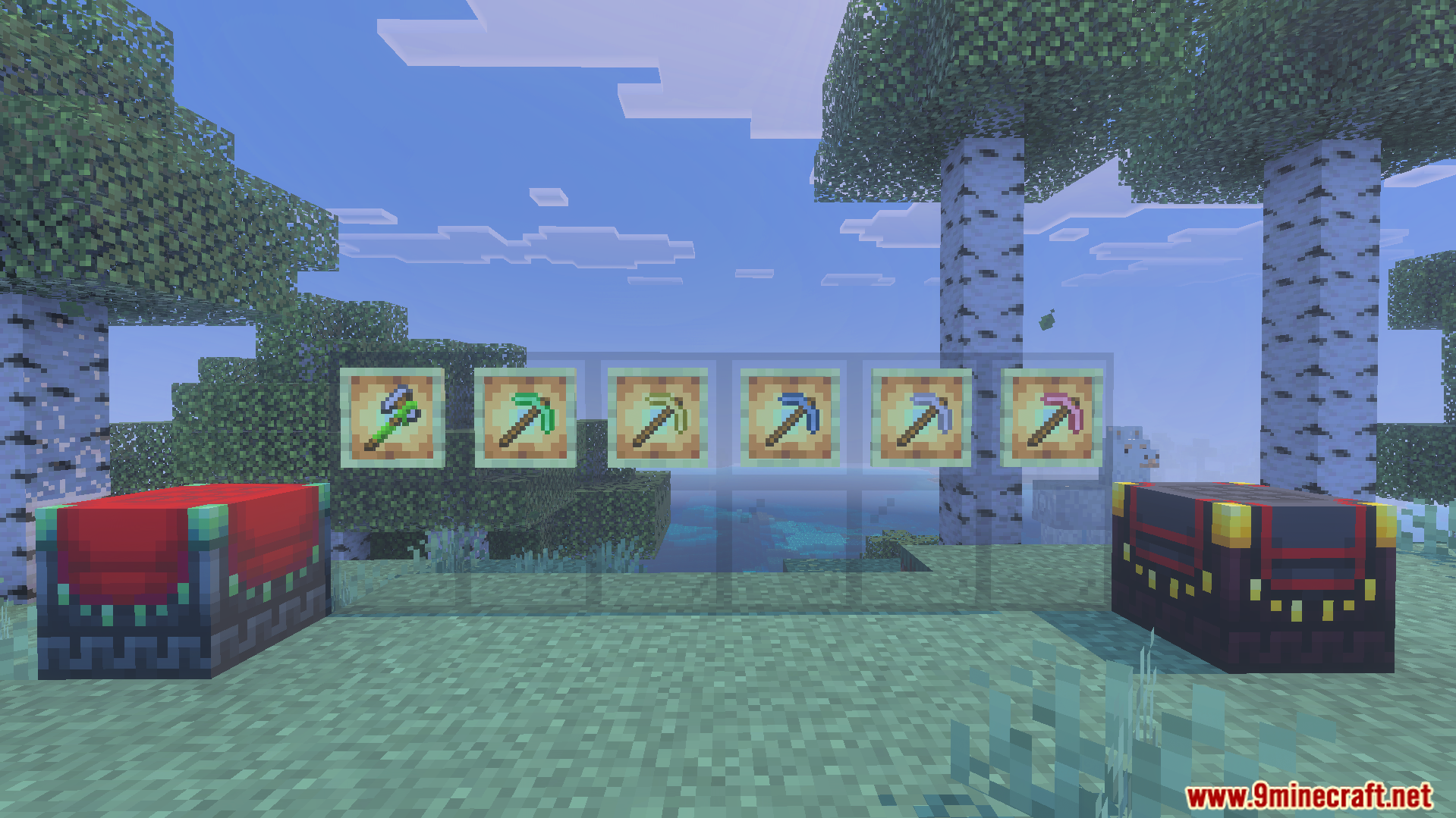 Magical pickaxes in item frames and custom chests from Spellbound Skies Addon