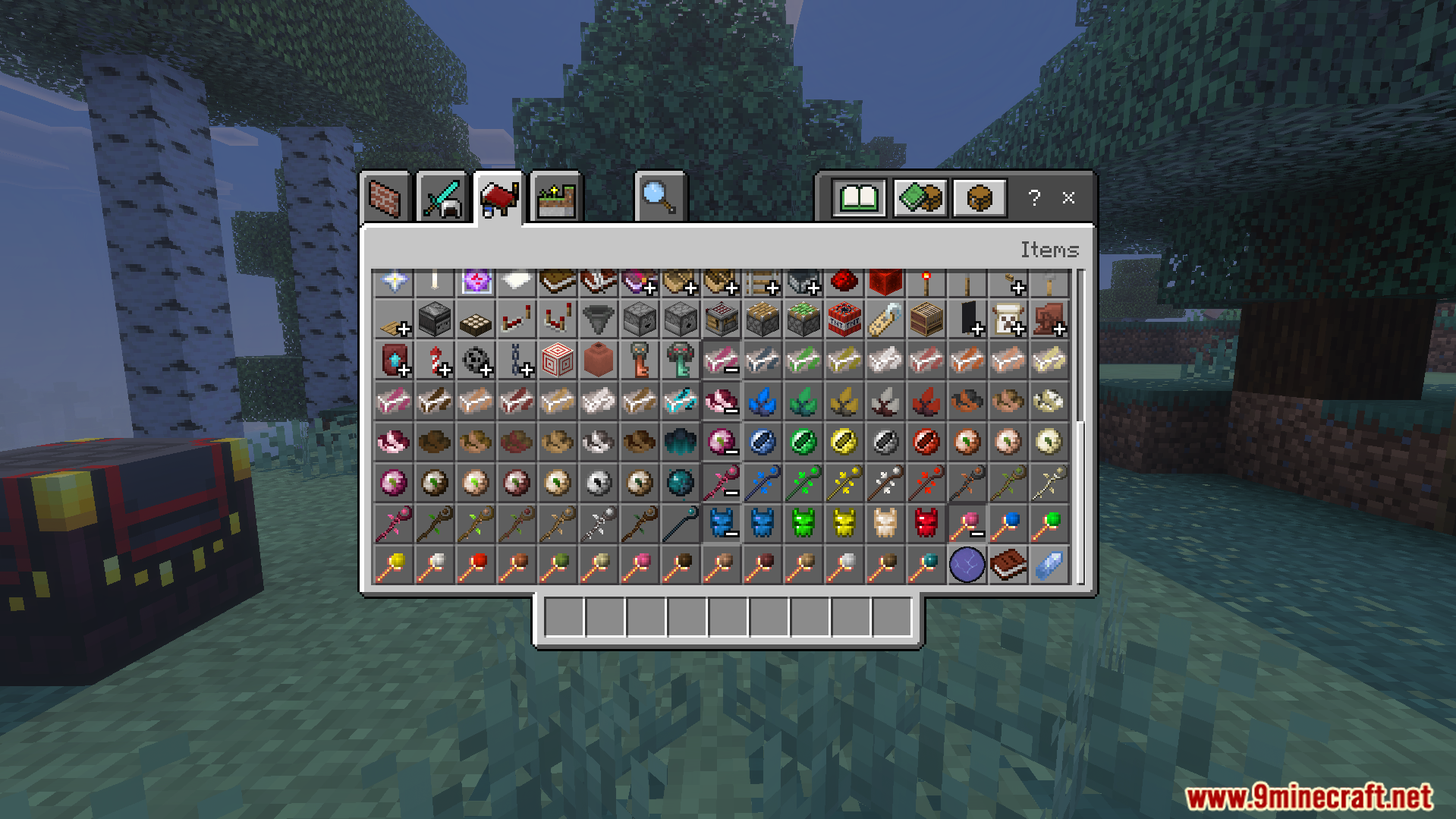 Creative inventory menu displaying new magic staffs and dragon eggs items