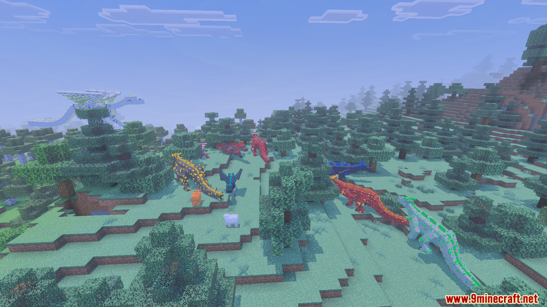 Wild dragons like the redstone and emerald dragons roaming in a forest