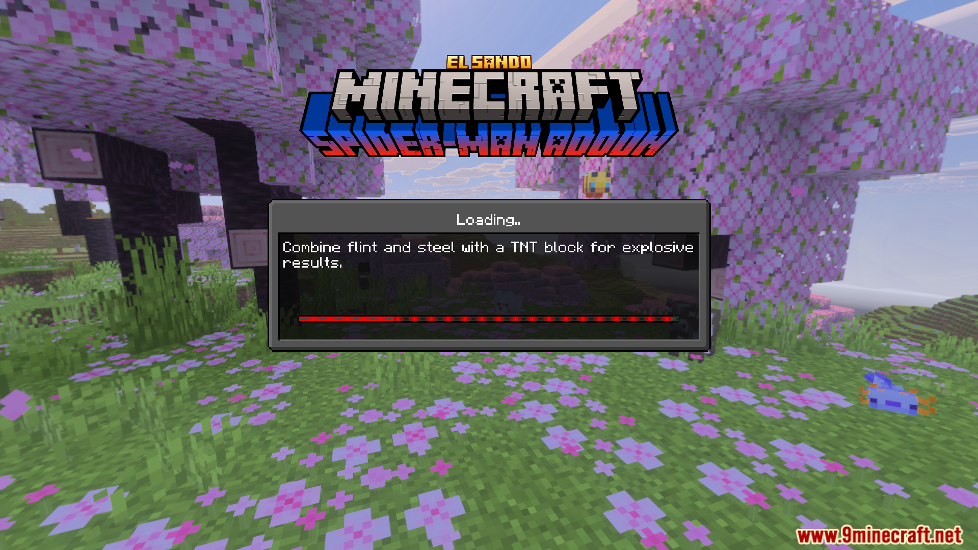 Loading screen for the Spider Man Addon with a cherry blossom biome background