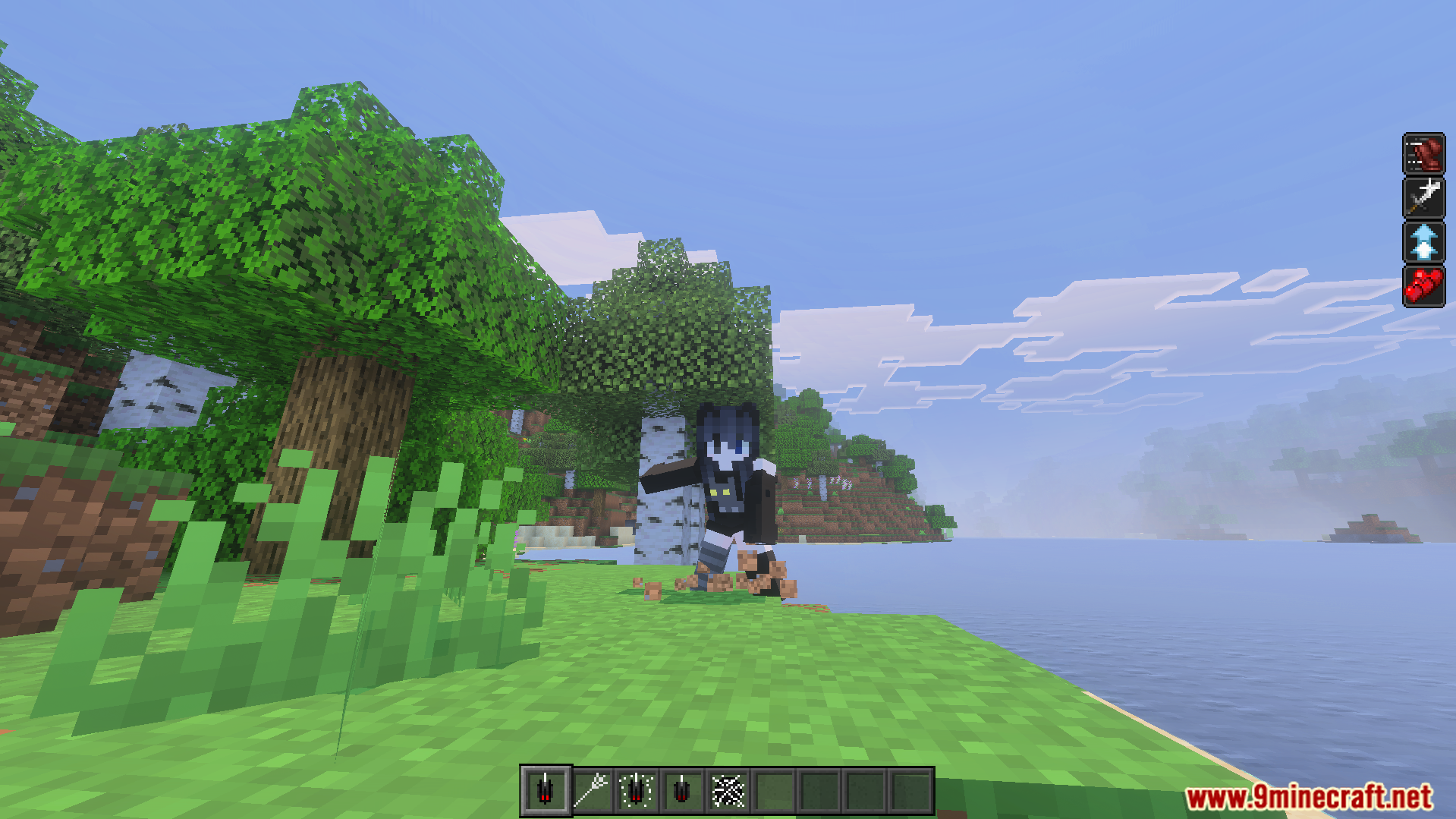 Character in a black spider suit exploring a forest biome near the ocean