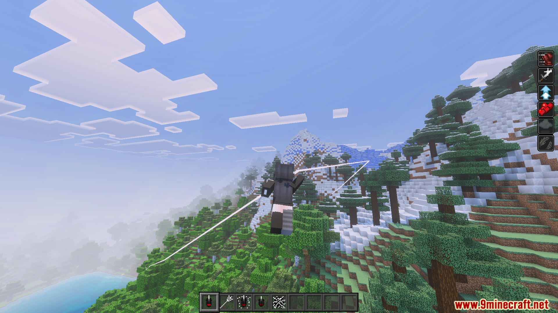 Spider Man Addon player swinging through a mountain biome with white web lines