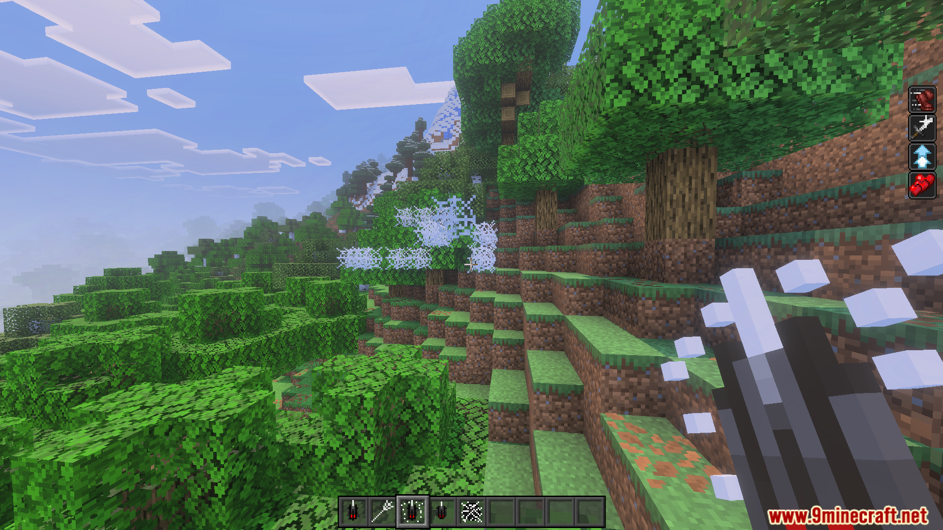 First person view of a player using web shooters to cover forest trees