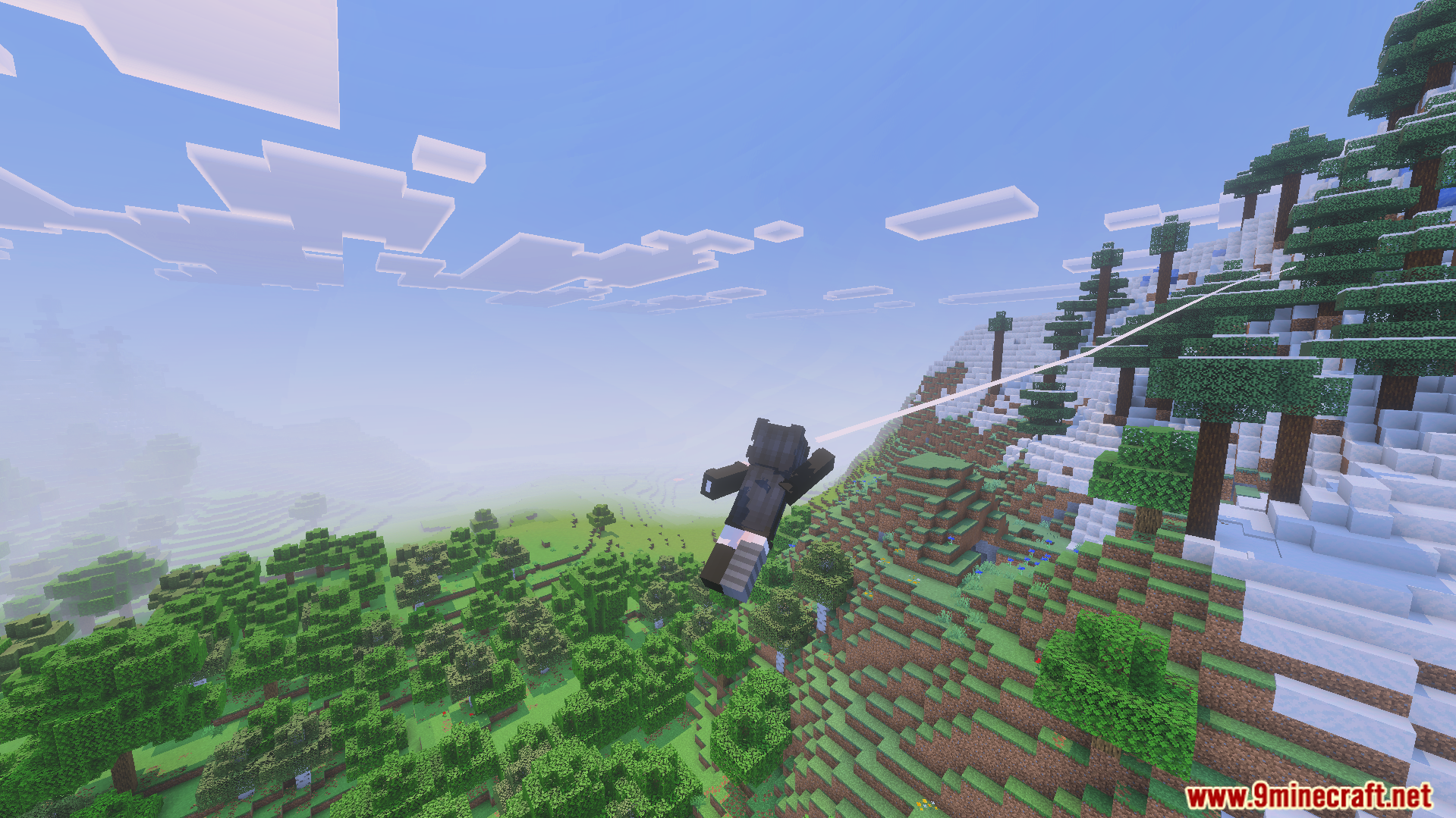 Player swings from a web line in the Spider Man Addon for Minecraft