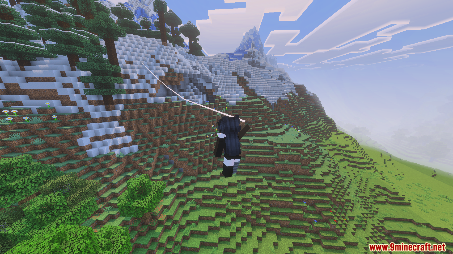 Spider Man Addon player using web shooters to swing across snowy mountains
