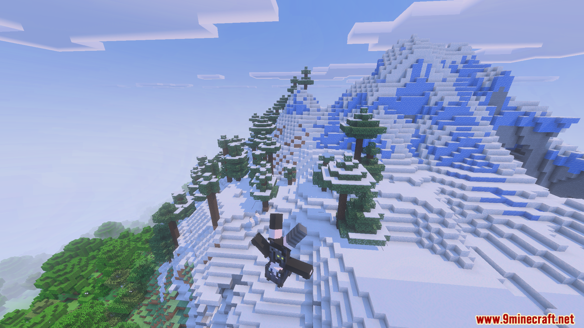 Character in a special suit gliding over a steep snowy mountain peak