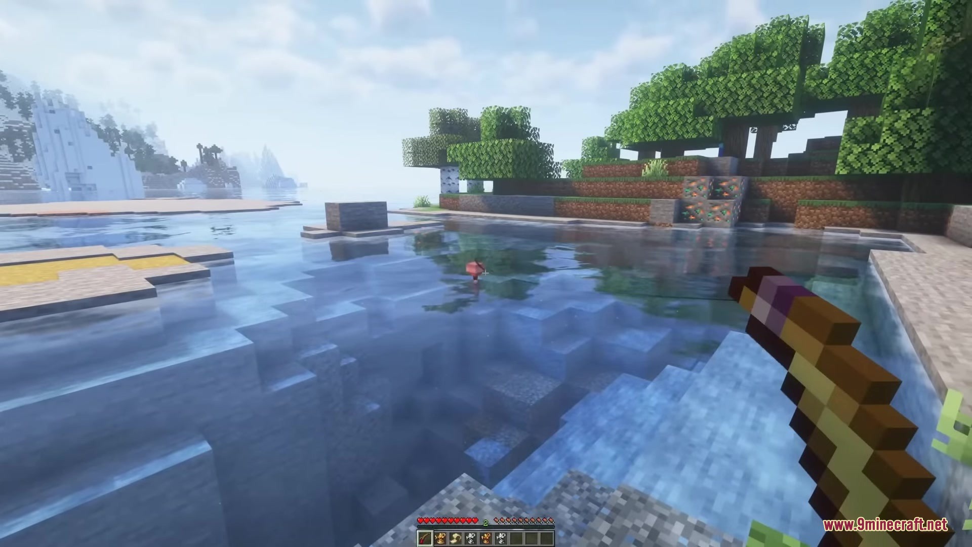 Starcatcher Mod Screenshot 10 First person view of a player fishing in a clear blue lake