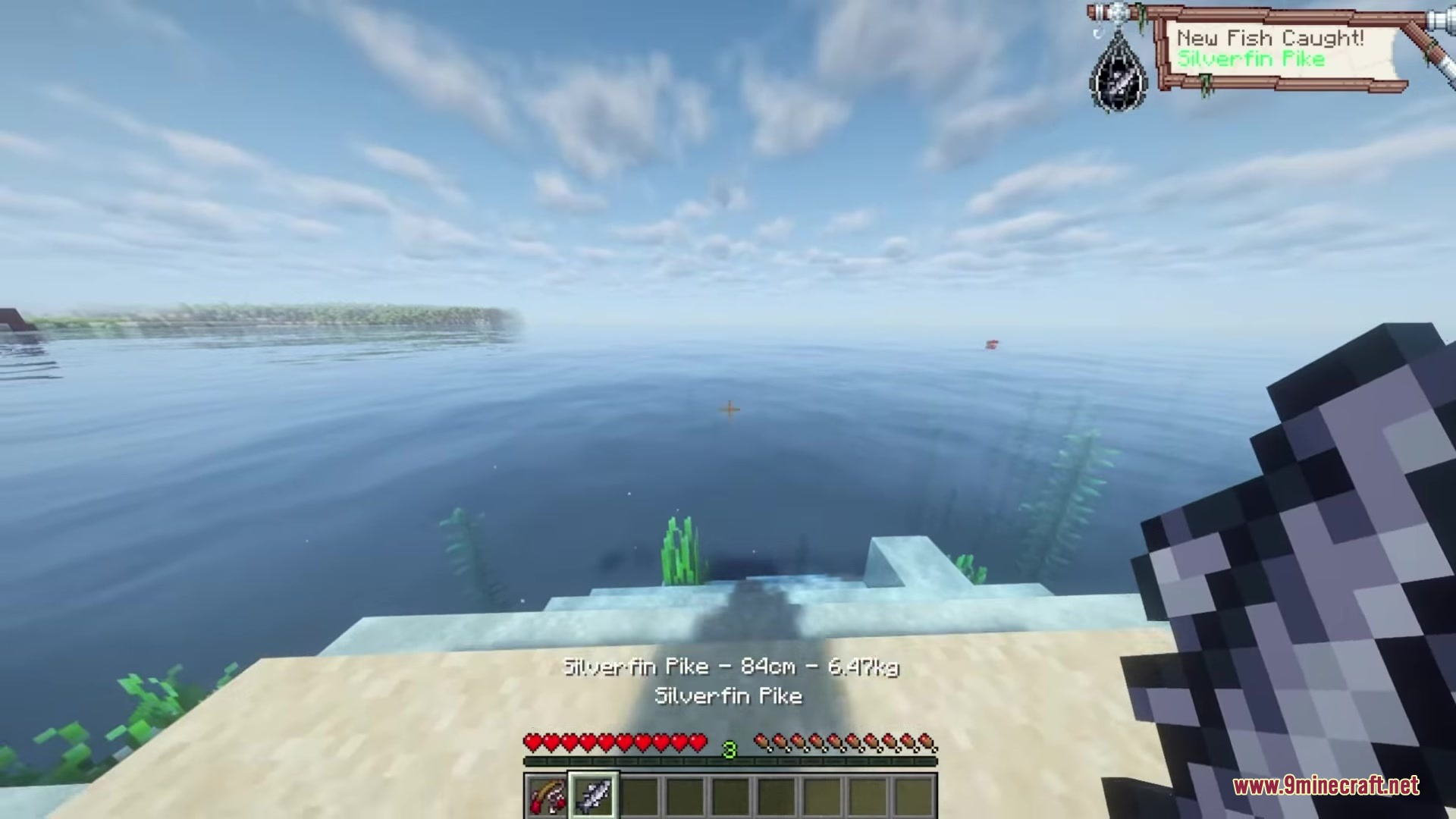 Starcatcher Mod Screenshot 14 Player holds a freshly caught Silverfin Pike while standing on the shore