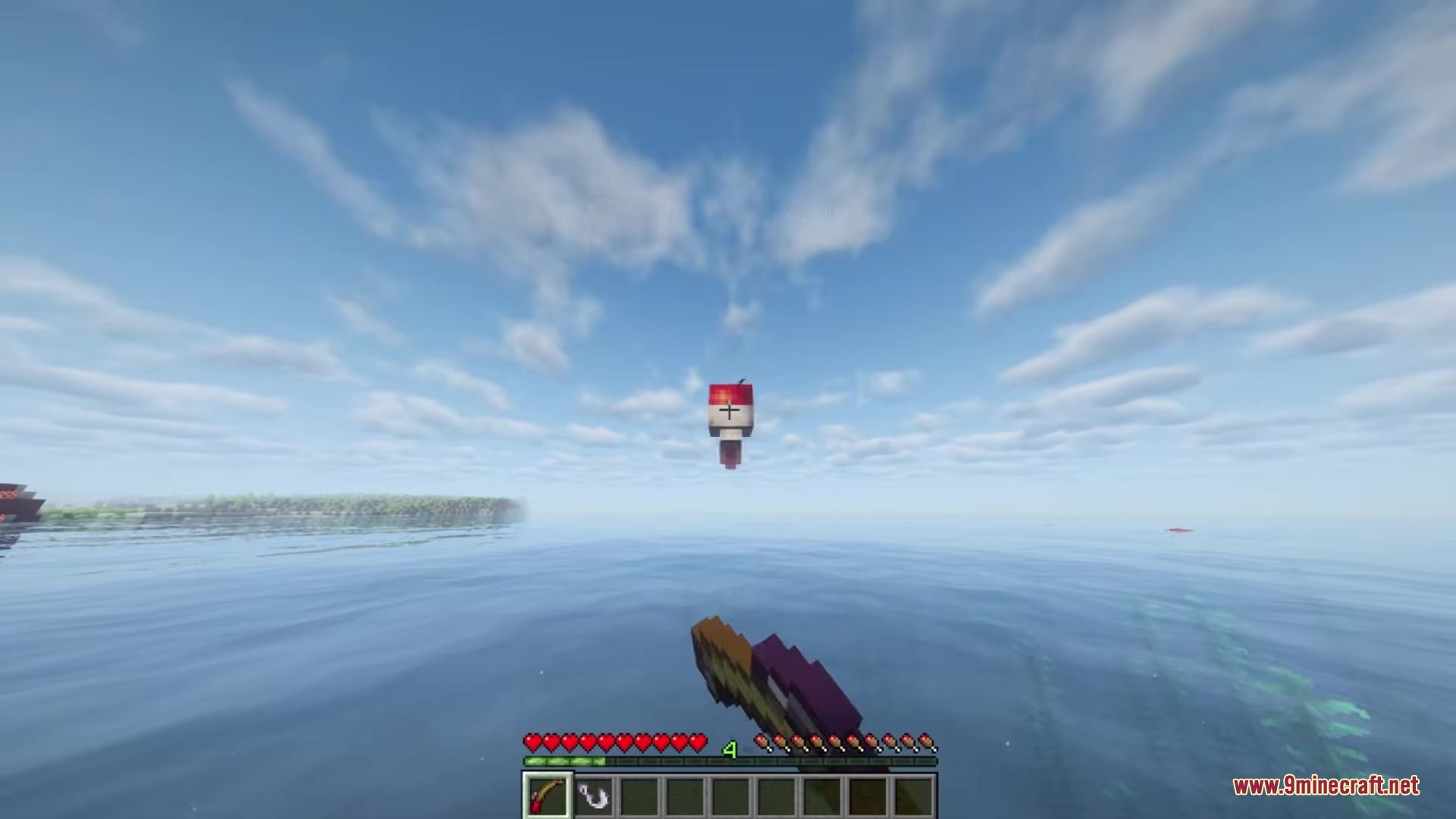 Starcatcher Mod Screenshot 16 A fishing rod bobber floats on the calm water surface in a Minecraft world