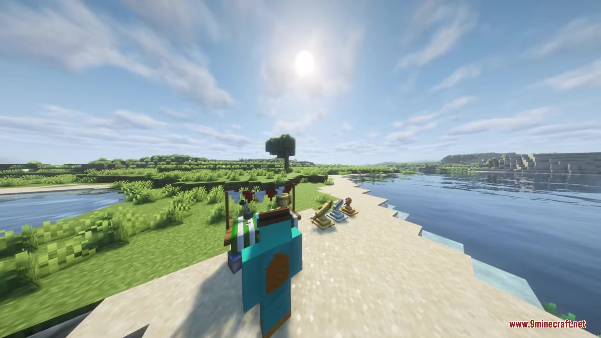 Starcatcher Mod Screenshot 17 A player stands near a market stall and Starcatcher Mod fishing trophies