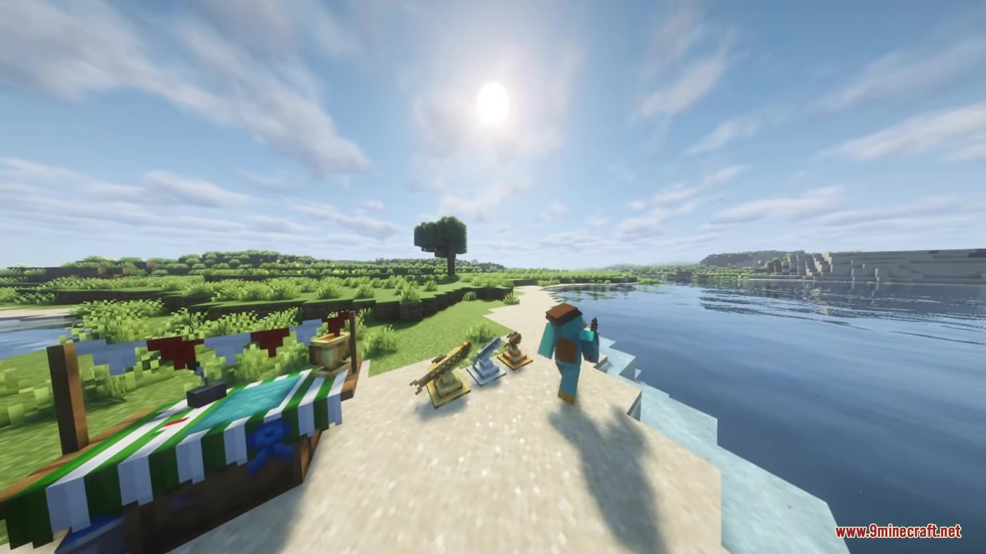 Starcatcher Mod Screenshot 18 A character walks past a market stall and trophies on the shore