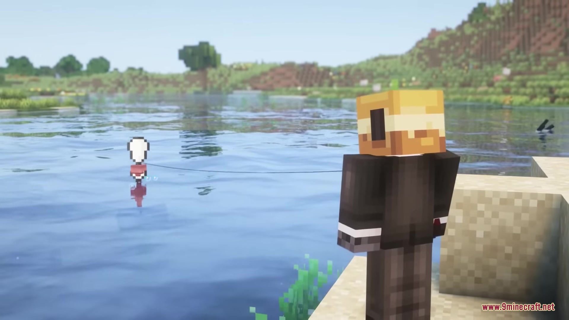 Starcatcher Mod Screenshot 2 A character in a suit fishing with a bobber in the water