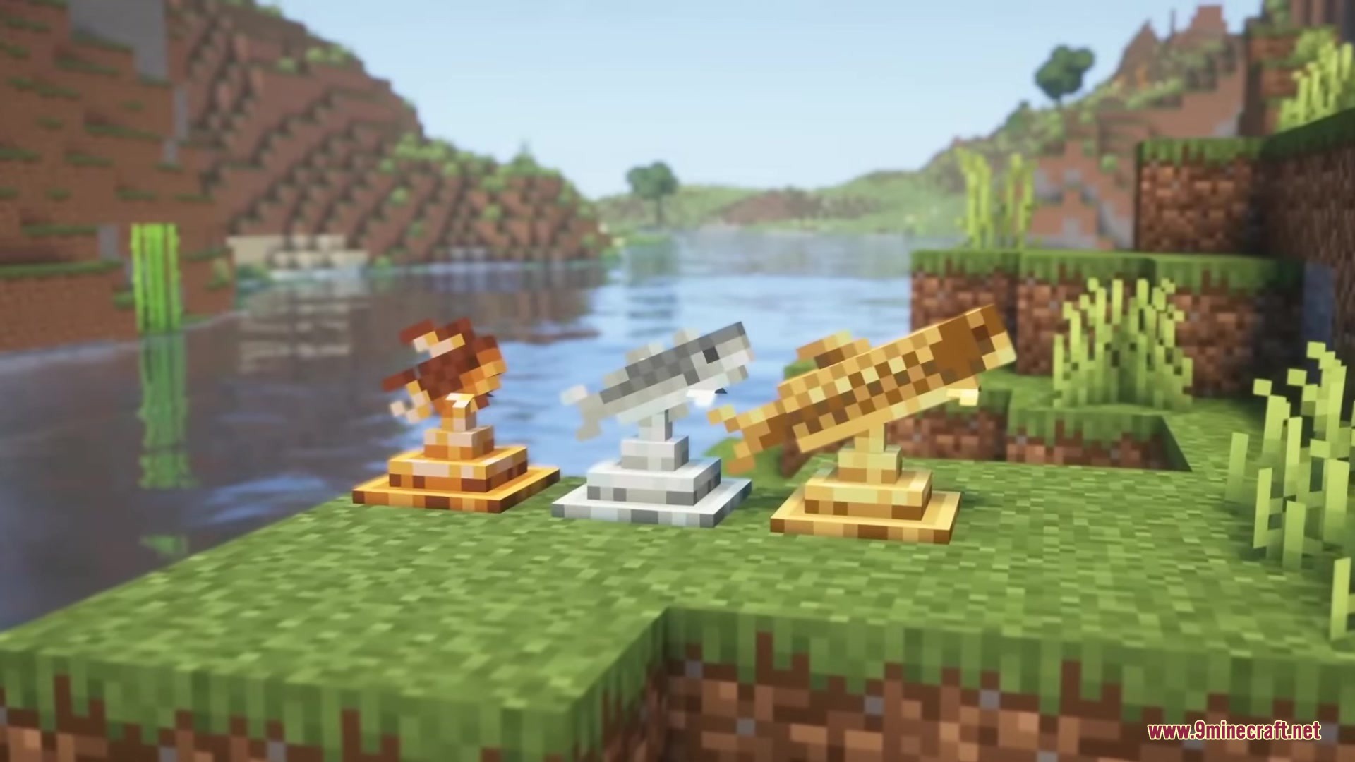 Starcatcher Mod Screenshot 3 Three fish trophies on display stands from the Starcatcher Mod in Minecraft